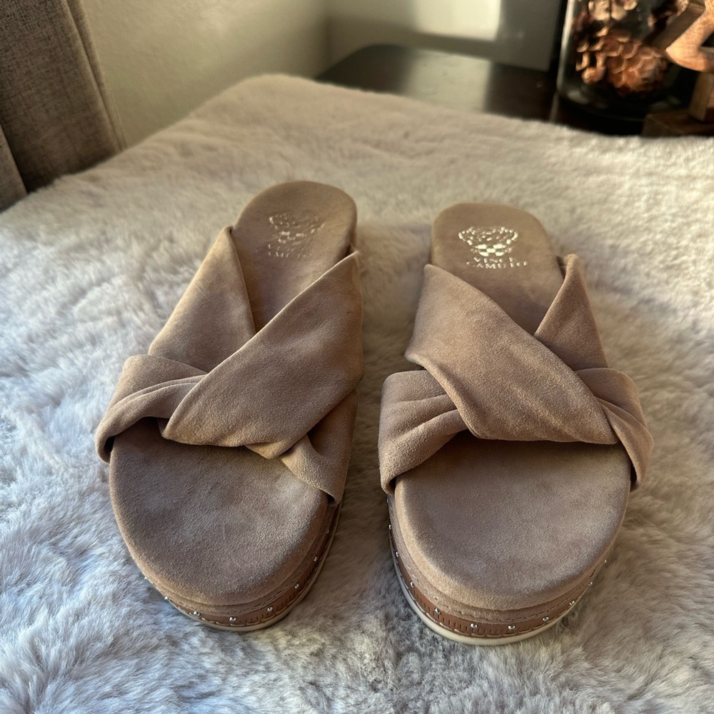 Vince Camuto Tan Suede Twisted Mules